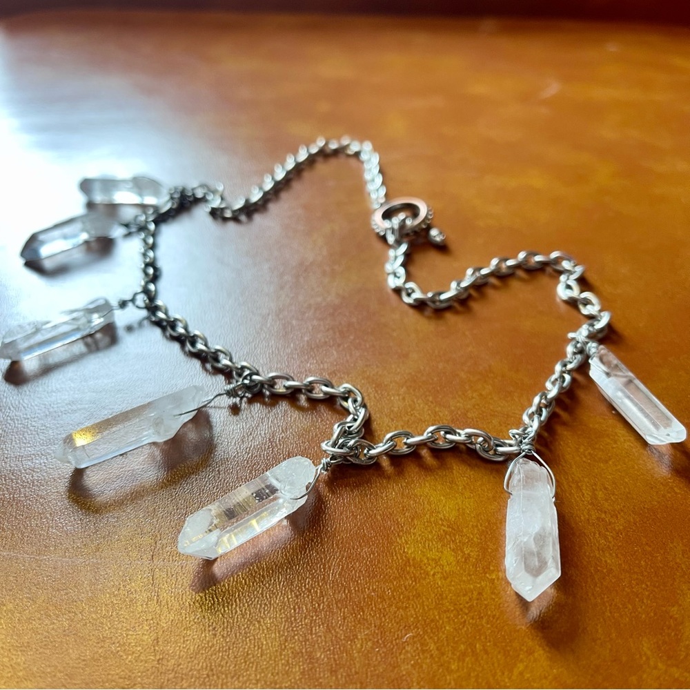 Quartz Crystal Point Necklace on Stainless Steel Chain